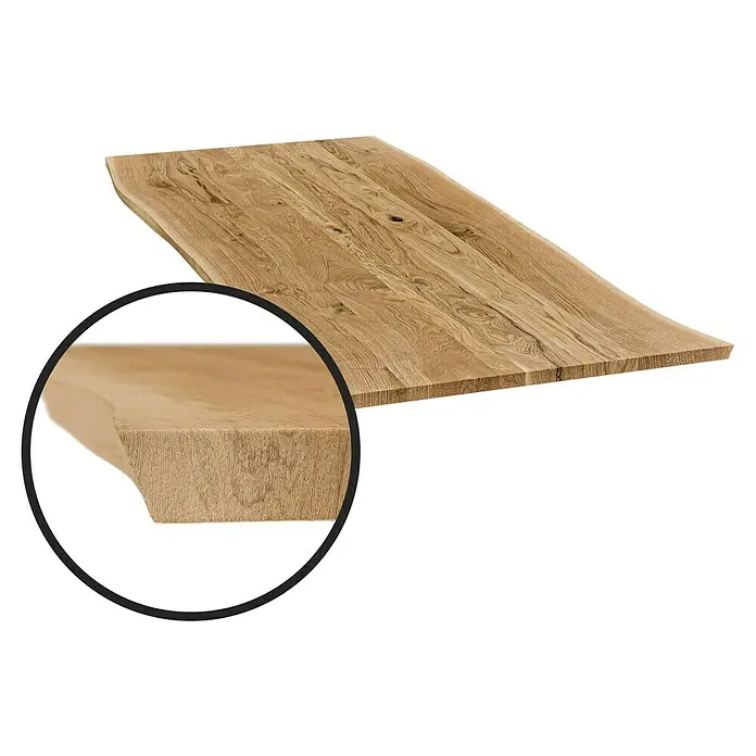 Tischplatte mit Waldkante - Eiche, 200 x 80 x 2,6 cm - Detailaufnahme einer Massivholzplatte mit natürlicher Baumkante und hervorgehobener Holzstruktur, die die hochwertige Verarbeitung betont.