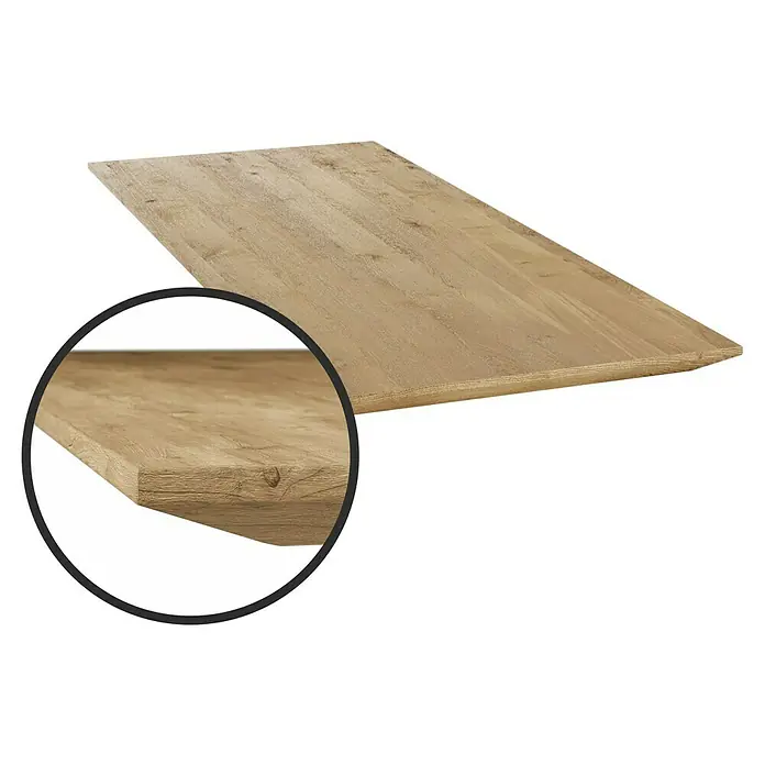Tischplatte mit Schweizer Kante - Eiche, 180 x 85 x 2,6 cm - Nahaufnahme einer hellen Holztischplatte mit einer glatten Oberfläche und abgerundeten Kanten für ein modernes Design.