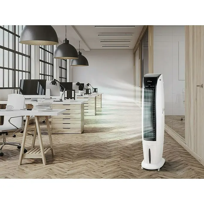 Purline Rafy Climatizador evaporativo 170 - Blanco, Altura: 170 cm, Potencia frigorífica: 350 W, Tamaño de la estancia: 55 m² - Un elegante ventilador de torre blanco con un panel de control negro en una oficina moderna, proporcionando una brisa refrescante.