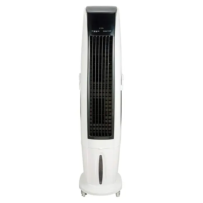 Purline Rafy Climatizador evaporativo 170 - Blanco, Altura: 170 cm, Potencia frigorífica: 350 W, Tamaño de la estancia: 55 m² - Un elegante ventilador de torre blanco con una rejilla negra y un indicador de nivel de agua transparente.