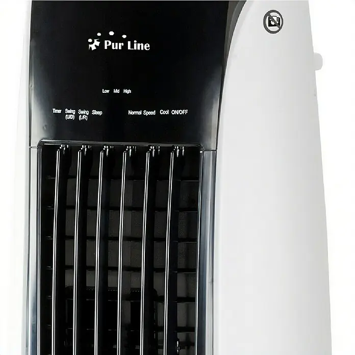 Purline Rafy Climatizador evaporativo 170 - Blanco, Altura: 170 cm, Potencia frigorífica: 350 W, Tamaño de la estancia: 55 m² - Primer plano de un ventilador de torre Pur Line, con controles de velocidad, temporizador y oscilación.