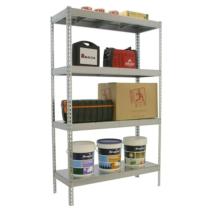 Simonrack Simontaller Schwerlastregal Ecoforte Metall - H x B x T: 200 x 150 x 60 cm, Traglast pro Boden: 400 kg, Anzahl Böden: 4 Stk., Stecken, Silber - Ein Regal mit Werkzeugen, Farbdosen der Marke Bruguer und Kartons, ideal für Werkstatt oder Lagerraum, bietet viel Stauraum.