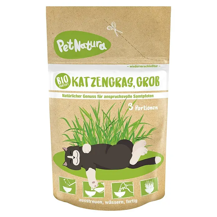 PetNatura Saatgut Bio Katzengras - Mischung, 300 g, Grob - Abbildung einer Verpackung von "Pet Natura Katzengras, Grob", einem biologischen Produkt für Katzen, mit einer schlafenden Katze und dem Hinweis auf 3 Portionen.