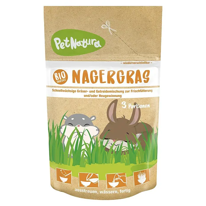 PetNatura Saatgut Bio Nagergras - Mischung, 300 g - Bild einer Packung Nagergras von Pet Natura, geeignet zur Frischfütterung oder Heugewinnung, mit Hamster- und Hasenillustration.