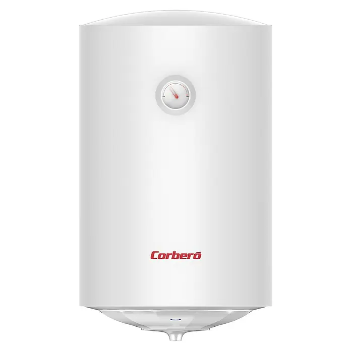 Corberó Termo eléctrico CTW - 100 l, 1.500 W, Montaje en la pared - Aquí hay un calentador de agua de la marca Corberó en blanco, con un indicador de temperatura y el logotipo de la marca.