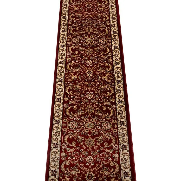 Alfombra de pelo corto Clásica - Burdeos, 200 x 67 cm, Polipropileno - Una alfombra de pasillo roja detallada con motivos florales y bordes color crema. Ideal para pasillos o entradas.