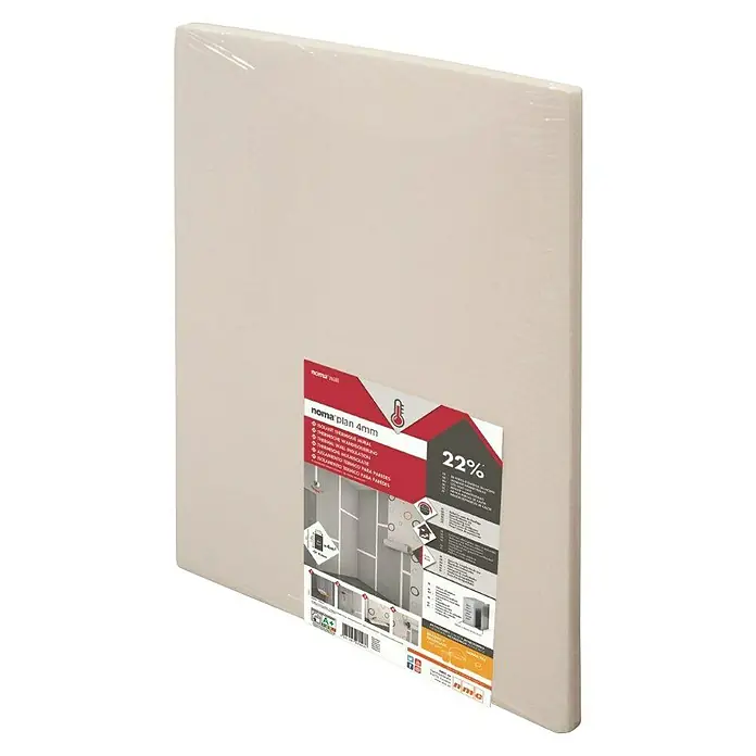 Nmc Noma Dämmplatte noma®plan 7 mm - 4 Stk., L x B x H: 1,6 m x 0,62 m x 7 mm, Max. Anwendungsfläche: 4 m², Extrudiertes Polystyrol (XPS) - Nahaufnahme einer Platte Noma Plan 4mm Wandisolierung, verpackt in Folie und mit Produktinformationen versehen, ideal für die Wärmedämmung.