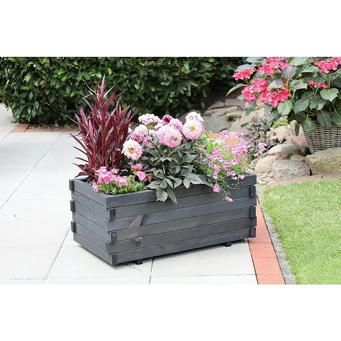 Promadino Pflanzkasten Lucca - Außenmaß (L x B x H): 69 x 39 x 29,5 cm, Holz, Anthrazit - Ein dunkler Holzkübel mit rosa Blumen und roten Blättern schmückt einen Gartenweg.
