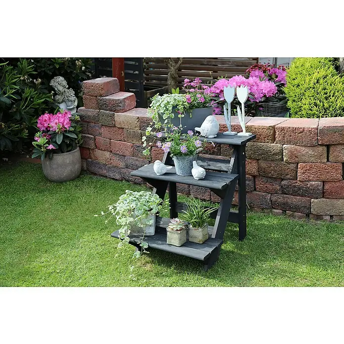 Promadino Blumentreppe - 60 x 50 x 56 cm, Kiefer, Anthrazit - Mehrstufiger Pflanzenständer aus Holz mit verschiedenen Pflanzen und Dekorationen im Garten, der eine attraktive Präsentationsfläche bietet.