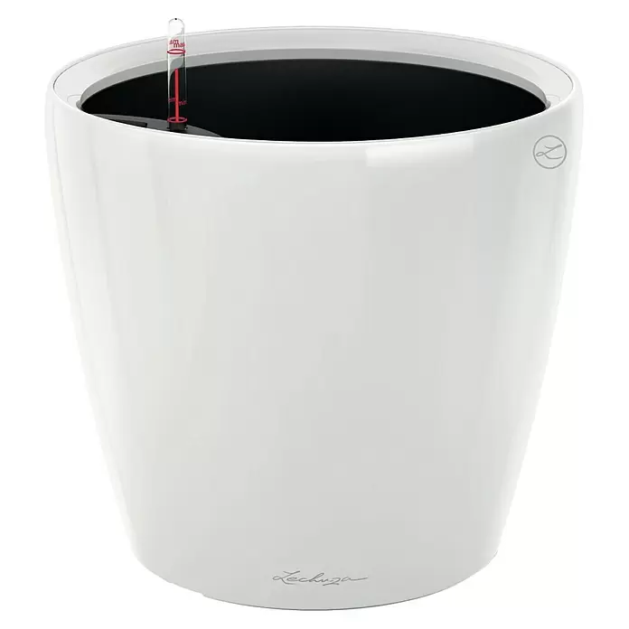 Lechuza Classico Pflanztopf Premium LS - Außenmaß (Ø x H): 49,5 x 46,5 cm, Kunststoff, Weiß Hochglanz - Glänzender weißer Lechuza Pflanzkübel mit Bewässerungssystem, schwarzem Interieur und roter Wasserstandsanzeige.