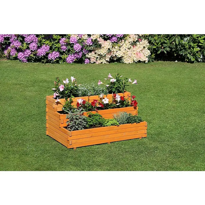 Promadino Pflanzkasten Volterra - Braun, Holz - Der hölzerne Pflanzkasten in Terrassenform mit blühenden Blumen, ideal für Gartenliebhaber, die eine stilvolle Präsentation ihrer Pflanzen wünschen.