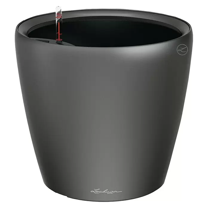 Lechuza Classico Pflanztopf Premium LS - Außenmaß (Ø x H): 49,5 x 46,5 cm, Kunststoff, Anthrazit Metallic - Dunkelgraues Lechuza Selbstbewässerungs-Pflanzgefäß mit sichtbarem Wasserstandsanzeiger.