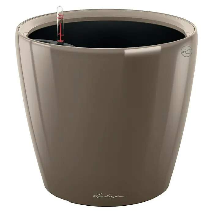 Lechuza Classico Pflanztopf Premium LS - Außenmaß (Ø x H): 49,5 x 46,5 cm, Kunststoff, Taupe - Nahaufnahme eines Lechuza Classico 43 Pflanzgefäßes in Taupe, das modernes Design mit praktischer Selbstbewässerung kombiniert.