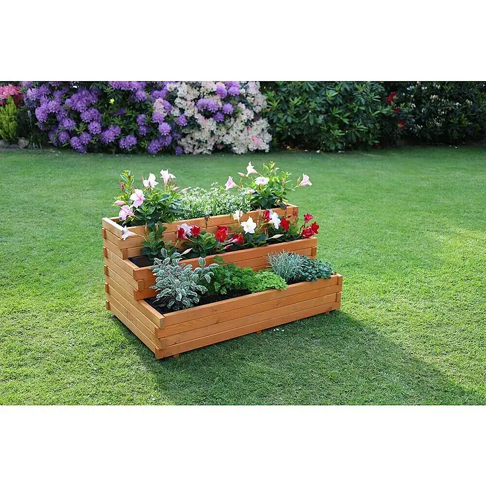 Promadino Pflanzkasten Volterra - Braun, Holz - Mehrstöckiger Pflanzkasten aus Holz mit bunten Blumen und Kräutern, ideal für Garten, Terrasse oder Balkon. Dekorative Gartenstruktur mit verschiedenen Ebenen.