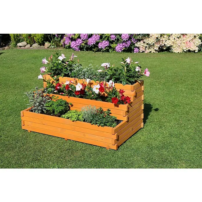 Promadino Pflanzkasten Volterra - Braun, Holz - Holz Pflanzgefäß mit bunten Blumen auf einem grünen Rasen. Das dreistufige Pflanzgefäß bietet Platz für eine Vielzahl von Pflanzen und Blumen.