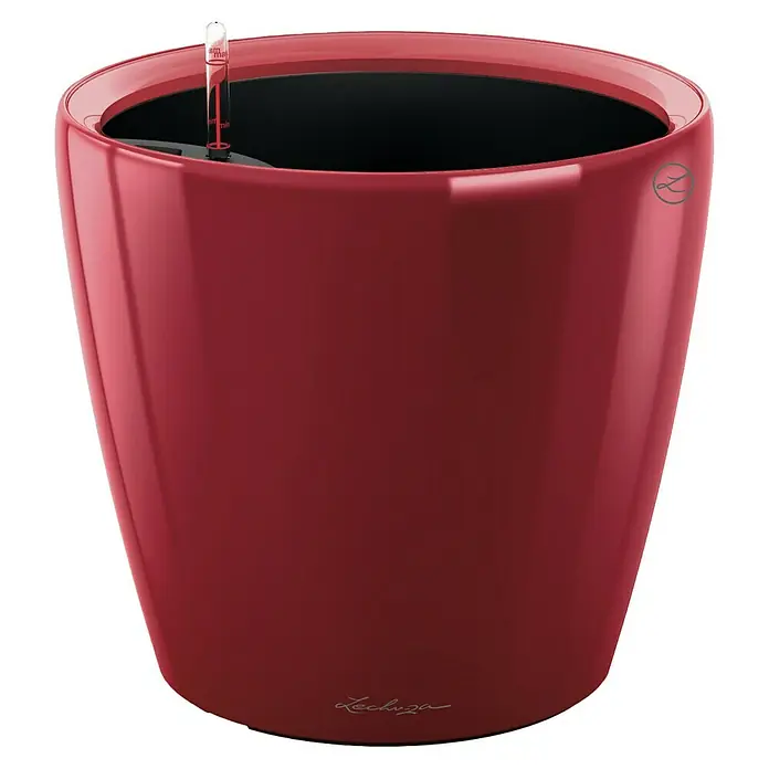 Lechuza Classico Pflanztopf Premium LS - Außenmaß (Ø x H): 43,5 x 39,5 cm, Kunststoff, Rot - Nahaufnahme eines roten Lechuza Blumentopfes mit Wasserstandsanzeige und dem Firmenlogo.