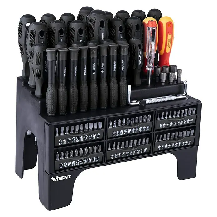Wisent Set de destornilladores - 100 pzs., Acero - Un juego completo de destornilladores de Wisent, ideal para una variedad de tareas de atornillado. El juego incluye varios tamaños y tipos.