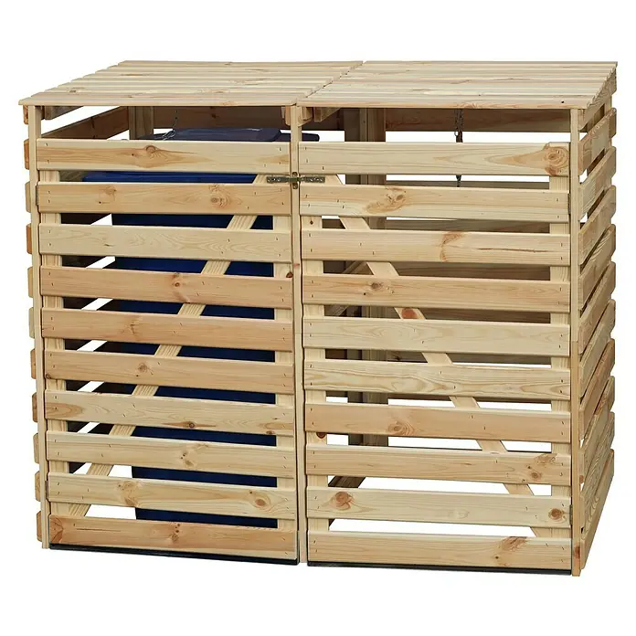 Promadino Mülltonnenbox Variov -  - Eine hölzerne Mülltonnenbox mit zwei Fächern. Sie bietet eine praktische und optisch ansprechende Lösung zur Aufbewahrung von Mülltonnen im Außenbereich.