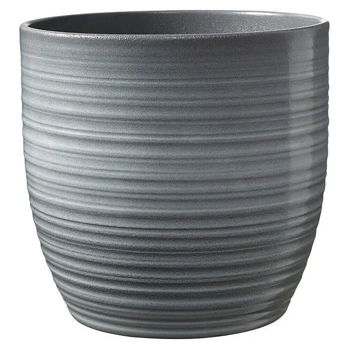 Soendgen Keramik Übertopf rund Bergamo - Außenmaß (Ø x H): 24 x 23 cm, Hellgrau, Keramik, Glänzend - Grauer Pflanztopf mit horizontalen Rillen, ideal für Zimmerpflanzen und zur Dekoration von Innenräumen.