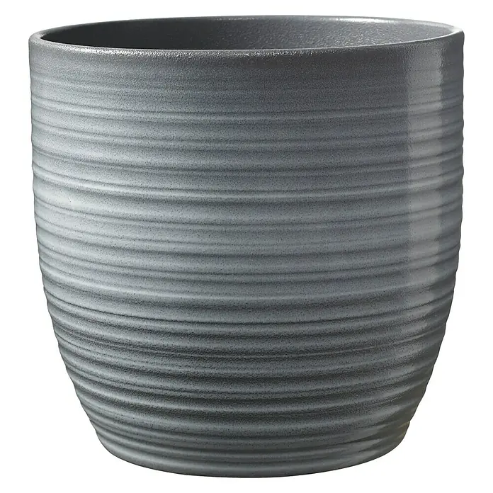 Soendgen Keramik Übertopf rund BergamoAußenmaß (Ø x H): 16 x 15 cm, Hellgrau, Keramik, Glänzend - Grauer Pflanztopf mit horizontalen Rillen, ideal für Zimmerpflanzen und zur Dekoration von Innenräumen.