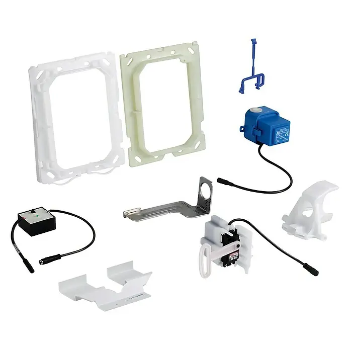 Grohe Funk-Elektronik - Manuelle Betätigung - Einzelteile für ein elektronisches Spülventil-System. Die Bauteile umfassen Rahmen, Pumpe, Halterungen und Kabel.