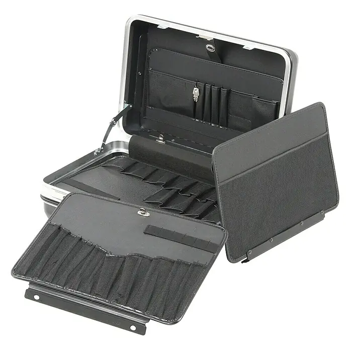 Hepco & Becker Werkzeugkoffer Future 5222 - L x B x H: 370 x 490 x 205 mm, Material: ABS Pro - Geöffneter schwarzer Pilotenkoffer mit diversen Fächern und elastischen Schlaufen zur Aufbewahrung von Utensilien.