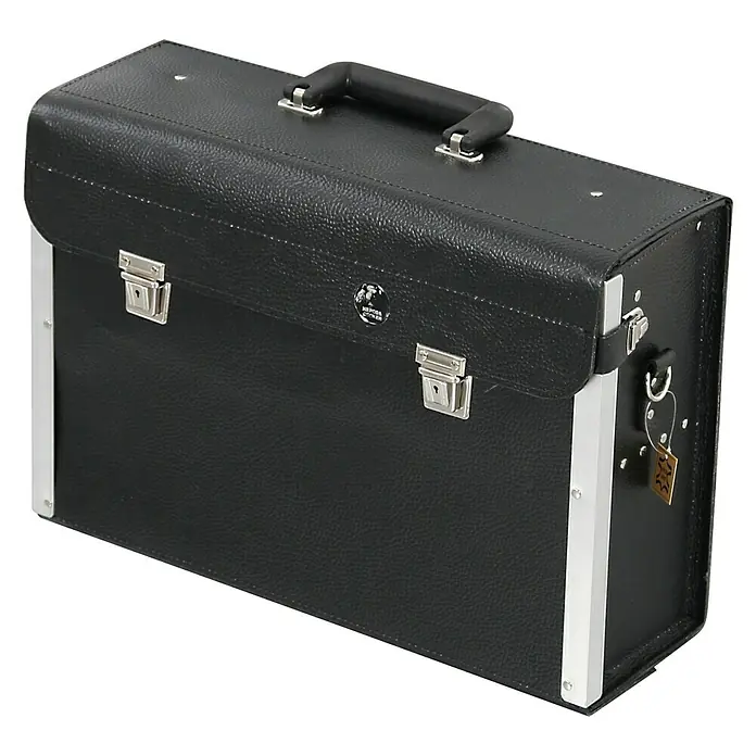 Hepco & Becker Werkzeugtasche Favorit 7126 - Innenmaß: B x T x H: 470 x 160 x 310 mm, Leder - Hier ist ein Koffer aus schwarzem Leder mit Metallecken und einem Griff oben.