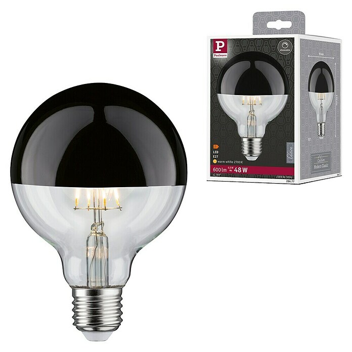 Paulmann Bombilla LED (E27, Blanco cálido, Claro/Negro, G95, Brillante)
