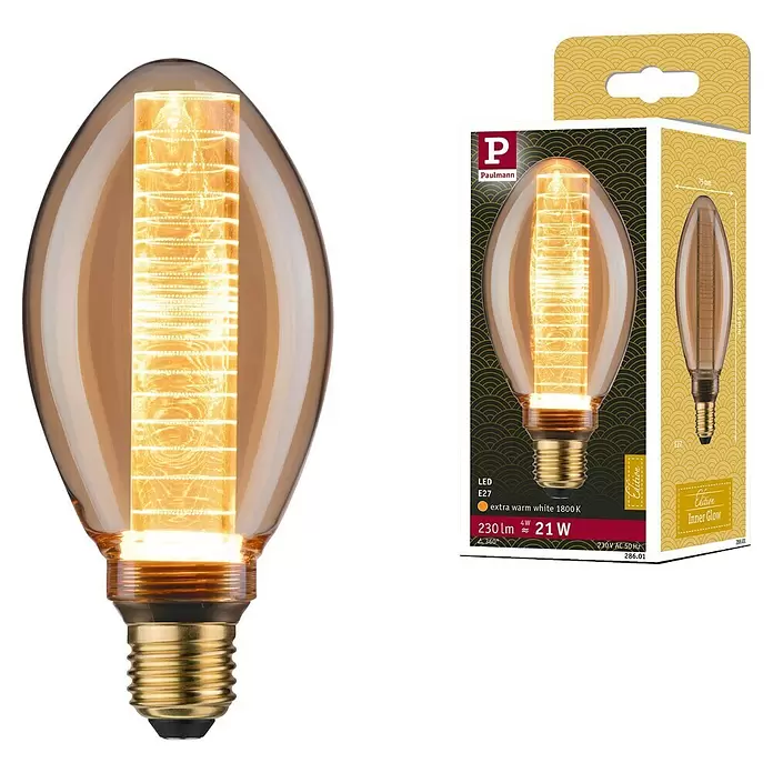 Paulmann Bombilla LED Paulmann Vintage Anillo - E27, No regulable, Blanco cálido, 230 lm, 4 W, Pera - Bombilla LED E27 ámbar con filamento decorativo, junto a su embalaje Paulmann 'Inner Glow'.