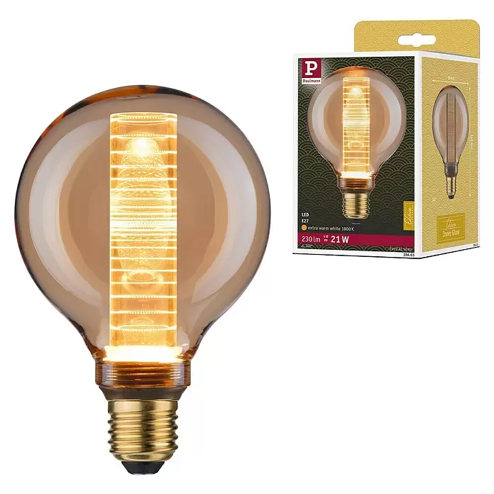 Paulmann Bombilla LED Paulmann Vintage Anillo - E27, No regulable, Blanco cálido, 230 lm, 4 W, Redonda - Bombilla LED grande tipo globo ámbar con filamento interno brillante, junto a su empaque.
