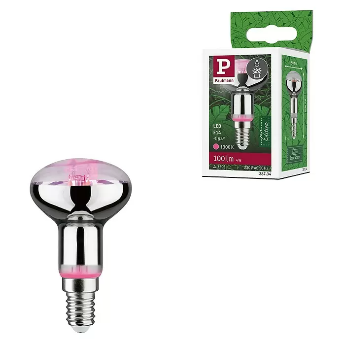 Paulmann Lámpara para plantas Grow Green - 4 W, 100 lm, R50 - Bombilla LED E14 rosa para plantas con base plateada, junto a su embalaje verde Paulmann 'Grow Green'.