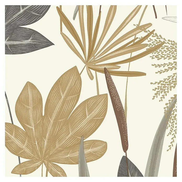 Papel pintado Hojas - Chocolate, 10 x 0,53 m - Vista detallada de un patrón de hojas tropicales con tonos dorados y grises sobre un fondo claro.
