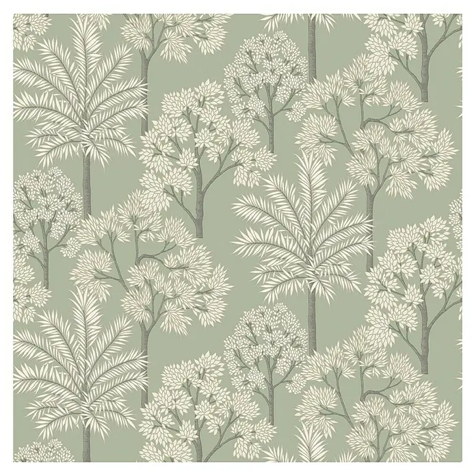 Papel pintado Vegetación palmera - Verde, 10 x 0,53 m - Primer plano de un papel tapiz con un patrón repetido de árboles y palmeras sobre un fondo verde suave.