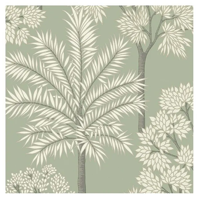 Papel pintado Vegetación palmera - Verde, 10 x 0,53 m - Una imagen cuadrada de papel tapiz con árboles estilizados y hojas verdes, que muestra un diseño sereno e inspirado en la naturaleza.