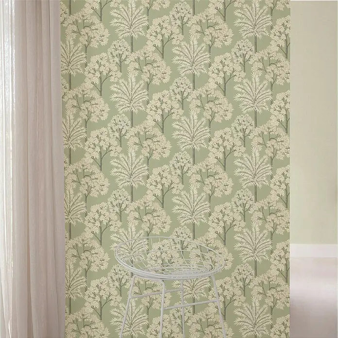 Papel pintado Vegetación palmera - Verde, 10 x 0,53 m - Papel pintado decorativo con fondo verde y diseño de árboles. El patrón añade un toque natural y elegante a cualquier habitación.