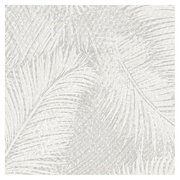 Papel pintado Pluma plata - Plata, 10 x 0,53 m - Elegante diseño de papel pintado con hojas de palma blancas sobre fondo gris claro, ideal para interiores elegantes.