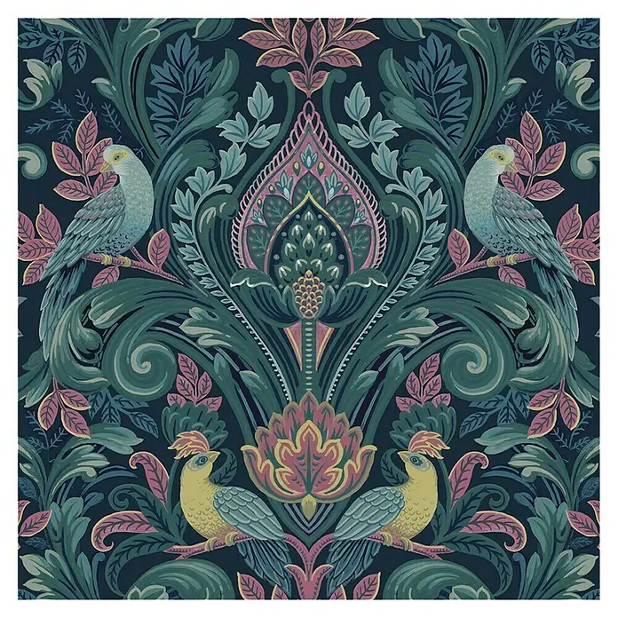 Papel pintado Moderno - Azul, 10 x 0,53 m - Elegante papel pintado con motivos florales y pájaros estilizados en colores suaves, ideal para un diseño de habitación elegante.