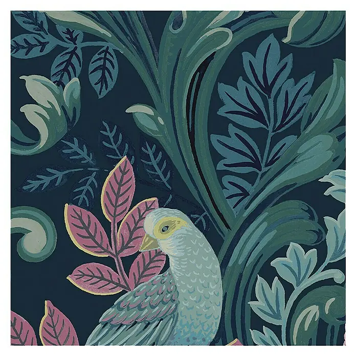 Papel pintado Moderno - Azul, 10 x 0,53 m - Elegante arte de pared con un pájaro azul entre plantas exuberantes, que aporta un toque sereno y elegante a la decoración de cualquier habitación.