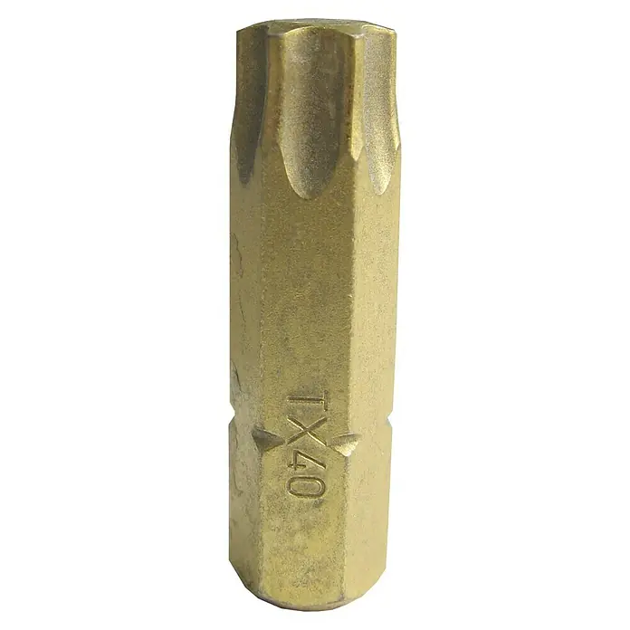Connex Punta COXT973475 - TX 40, 25 mm - Primer plano de una punta de destornillador TX40 de metal, utilizada para tornillos Torx, con base hexagonal y cabeza en forma de estrella.