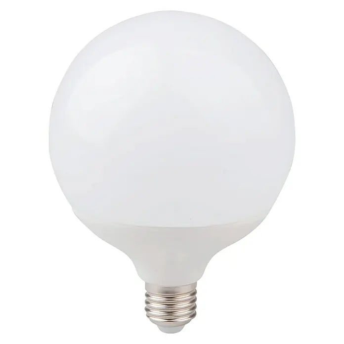 Garza Bombilla LED - E27, Blanco neutro, 1.520 lm, 18 W - Primer plano de una bombilla LED globo blanca mate con base E27 sobre un fondo negro.