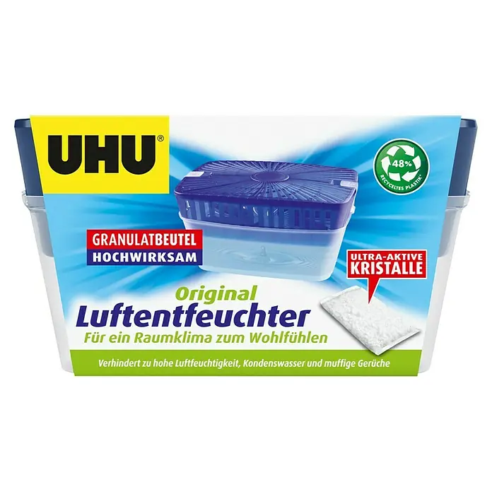 UHU Luftentfeuchter Originalpack - 1.000 g - Abbildung eines UHU Luftentfeuchters, der für ein angenehmes Raumklima sorgt und Feuchtigkeit sowie muffige Gerüche verhindert.