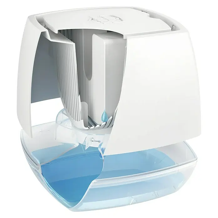 UHU Luftentfeuchter Ambiance450 g, Anthrazit - Eine Nahaufnahme eines Luftentfeuchters mit Blick auf den Wasserbehälter. Ideal zur Reduzierung von Feuchtigkeit in Innenräumen.