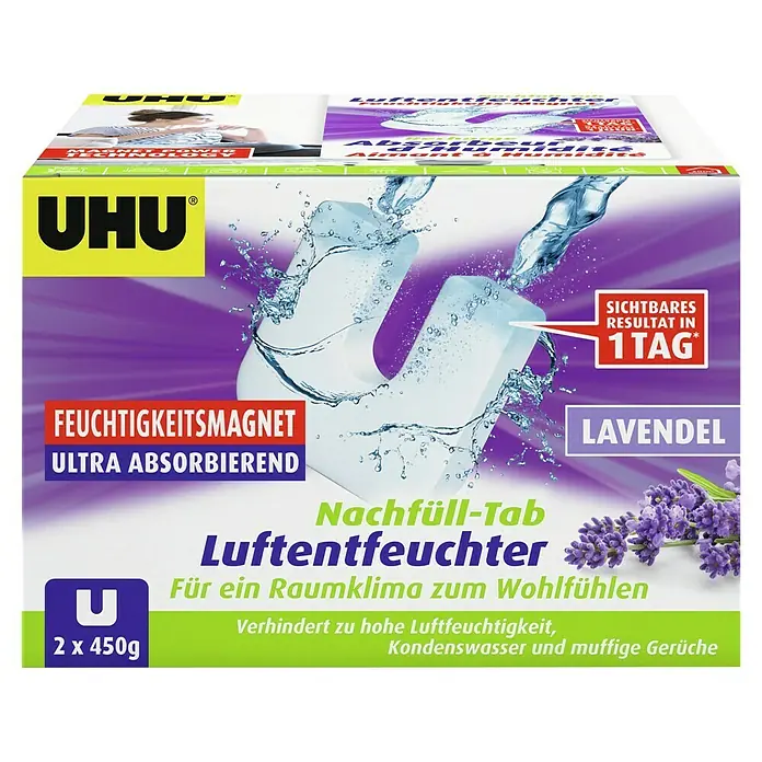 UHU Luftentfeuchter-Tabs - Lavendel, 2 Stk. x 450 g - UHU Luftentfeuchter Nachfüll-Tab Lavendel für ein angenehmes Raumklima. Verhindert hohe Luftfeuchtigkeit und muffige Gerüche.