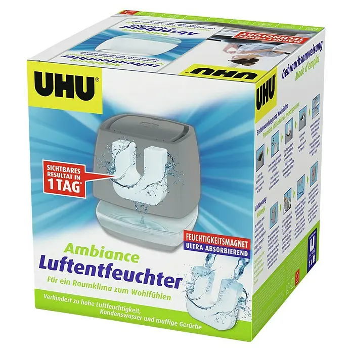 UHU Luftentfeuchter Ambiance450 g, Anthrazit - Verpackung des UHU Ambiance Luftentfeuchters, der für ein angenehmes Raumklima sorgt und Feuchtigkeit sowie Gerüche reduziert.
