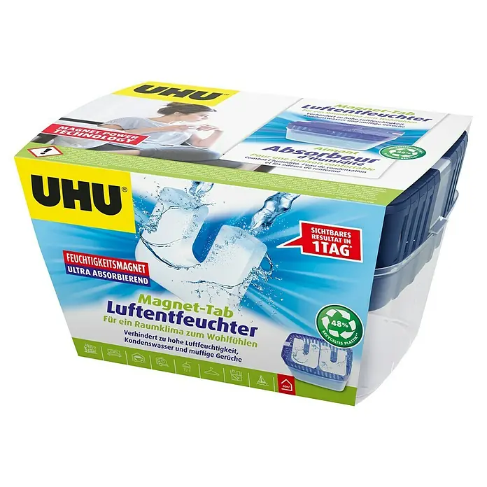 UHU Luftentfeuchter Magnet-Tab - 2 Stk. x 450 g - Produktverpackung des UHU Magnet-Tab Luftentfeuchters. Ideal zur Reduzierung der Luftfeuchtigkeit und zur Verbesserung des Raumklimas.