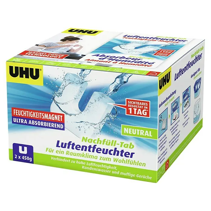 UHU Luftentfeuchter-Tabs - Neutral, 2 Stk. x 450 g - Bild einer Packung UHU Luftentfeuchter Nachfüll-Tabs, die für ein angenehmes Raumklima sorgen.