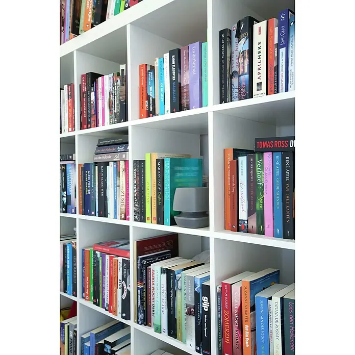 UHU Luftentfeuchter Ambiance - Anthrazit, 100 g - Bücherregal mit einer Sammlung verschiedener Bücher, die nach Farben und Größen geordnet sind, und einem kleinen dekorativen Objekt.