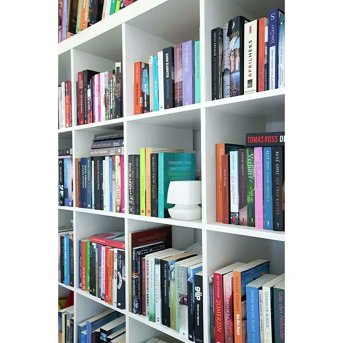 UHU Luftentfeuchter Ambiance - Weiß, 100 g - Bücherregal mit einer Sammlung von Romanen in verschiedenen Farben, die ein dekoratives und ansprechendes Element bilden.