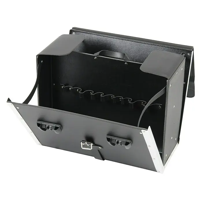 Hepco & Becker Werkzeugtasche Favorit 9117 - Innenmaß: B x T x H: 450 x 190 x 340 mm, Leder - Offene schwarze Kosmetikkoffer mit silberfarbenen Akzenten, ideal für die professionelle Aufbewahrung von Make-up und Werkzeugen.