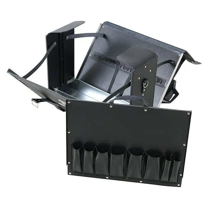 Hepco & Becker Werkzeugtasche Favorit 7121 - Innenmaß: B x T x H: 420 x 170 x 320 mm, Leder - Hier ist ein Bild eines geöffneten, schwarzen Make-up-Koffers mit Fächern, der für Ordnung und einfachen Zugriff auf Kosmetikprodukte sorgt.